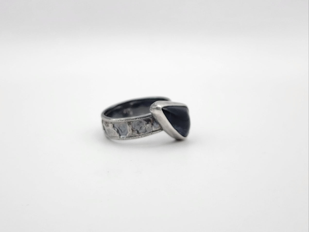 A side view of a sterling silver ring with a irregular triangular dark stone offset on a textured band, photographed on a white background. 